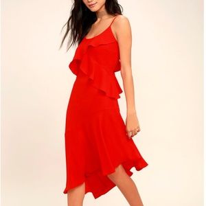 Lulus Adelyn Rae Desdemona Red Midi Ruffle Dress S